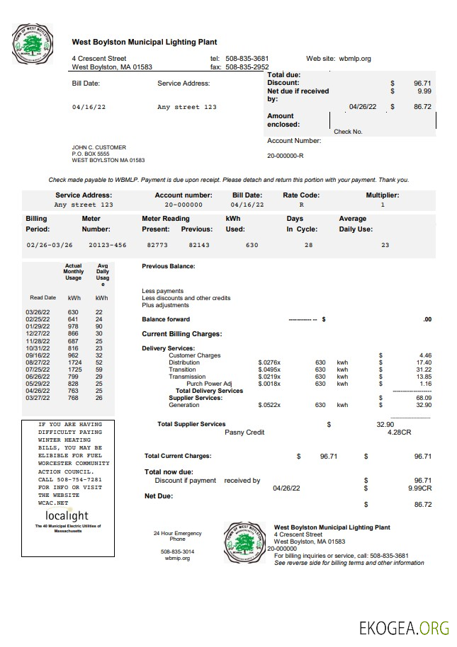 USA West Boylston utility bill template in Word and PDF format